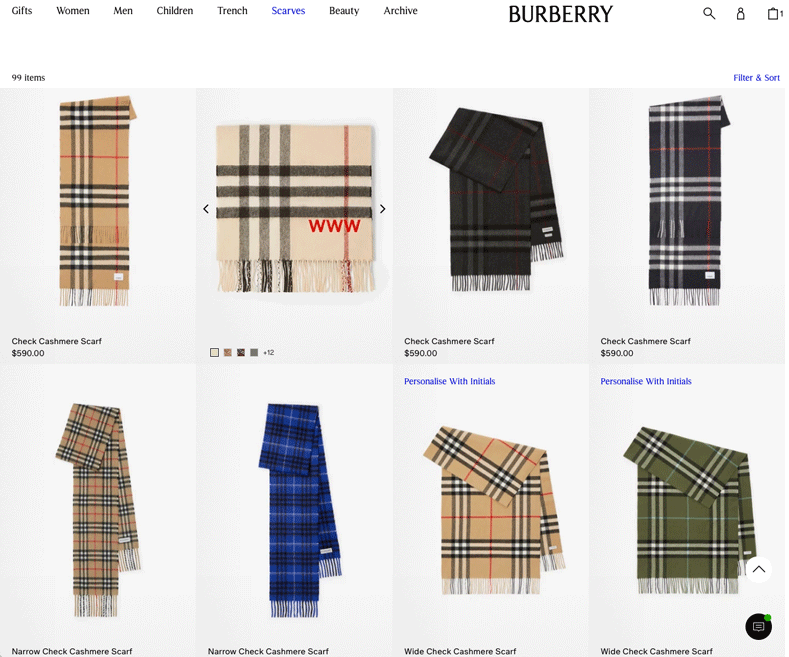 Cashmere scarves on Burberry's website
