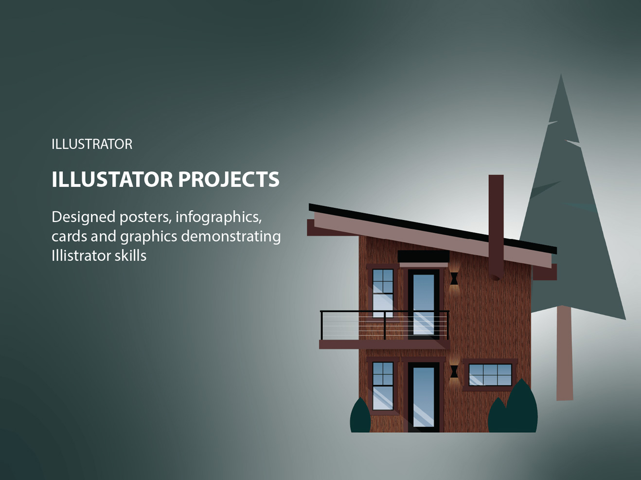 Info card for illustrator displaying cabin and tree