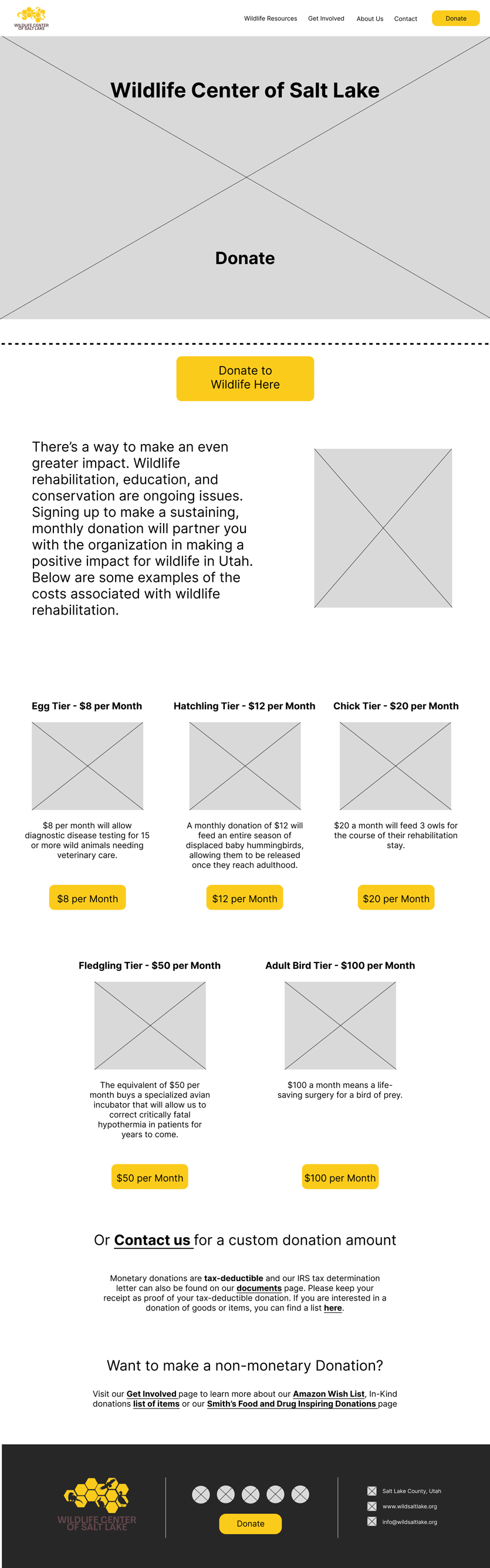 Wireframe for Wildlife Center of Salt Lake's donate page