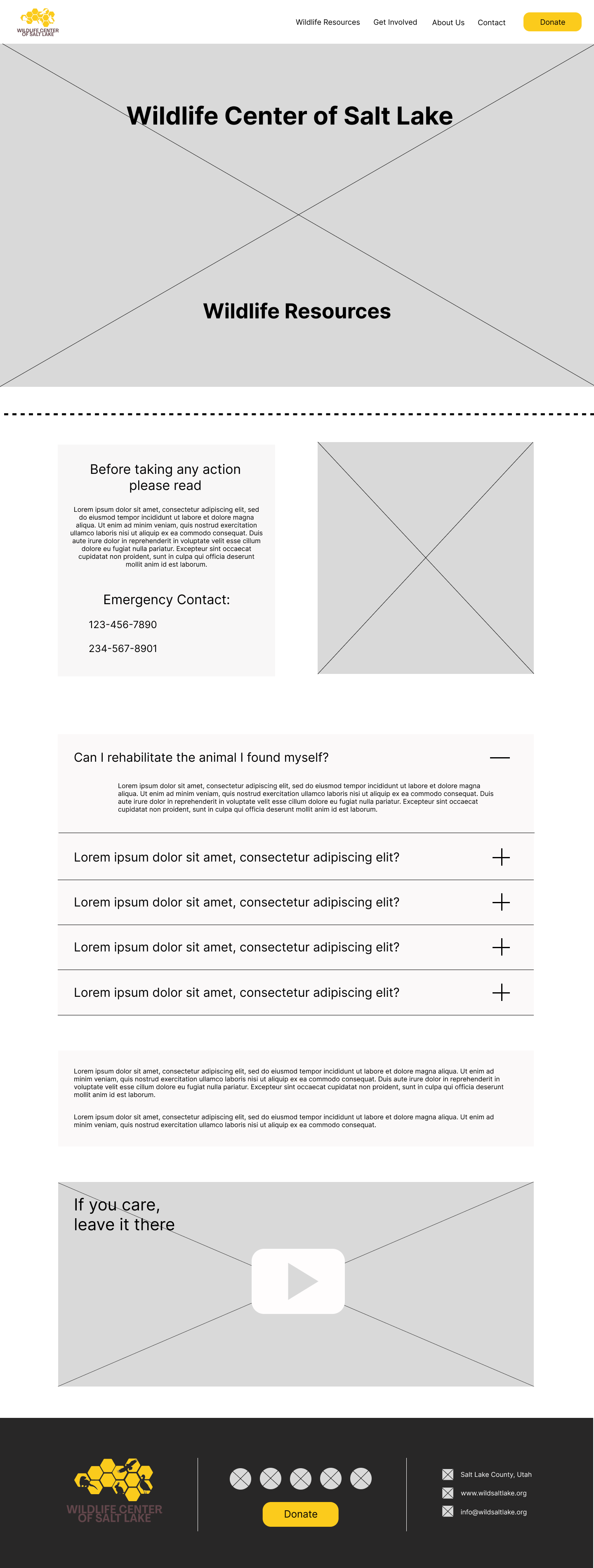 Wireframe for Wildlife Center of Salt Lake's wildlife emergency page