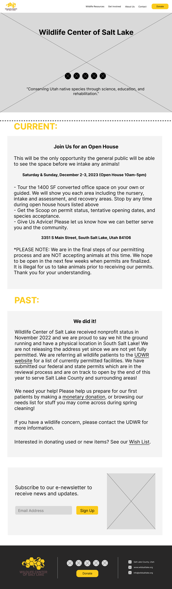 Wireframe for Wildlife Center of Salt Lake's home page
