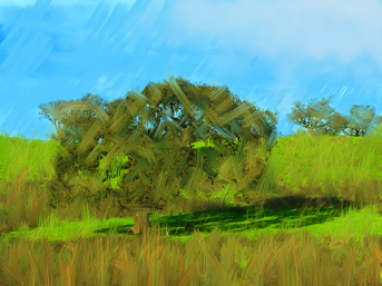 Painted landscape of a tree and grass