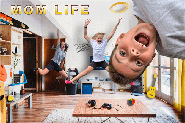 Cluttered family room with three kids jumping around and hanging from ceiling