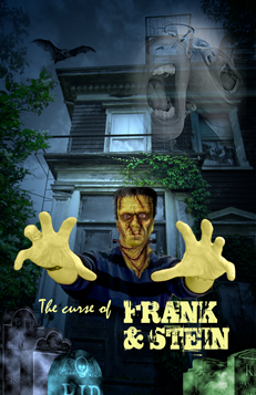 Halloween movie poster with two people screaming in front of Frankenstein and a haunted house