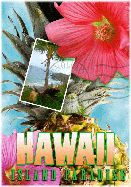 Postcard of pineapple and hawaiian flower