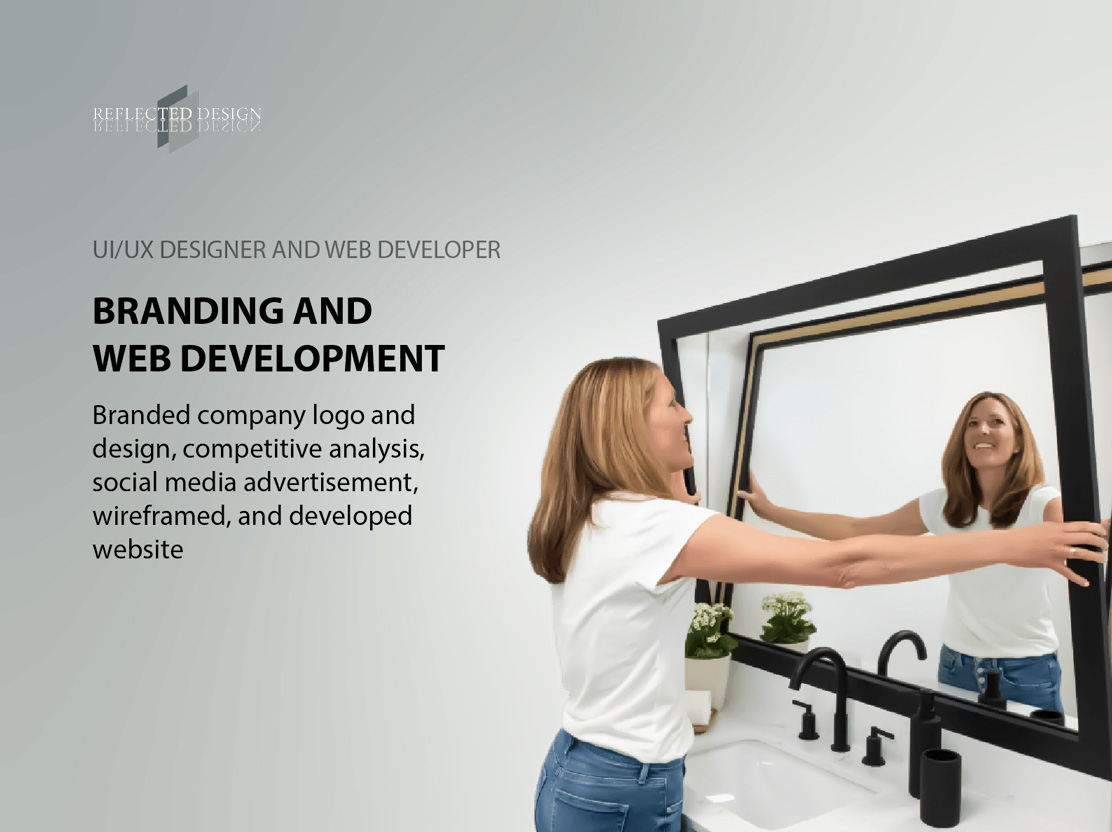 Info card for Reflected design with lady putthing frame on mirror